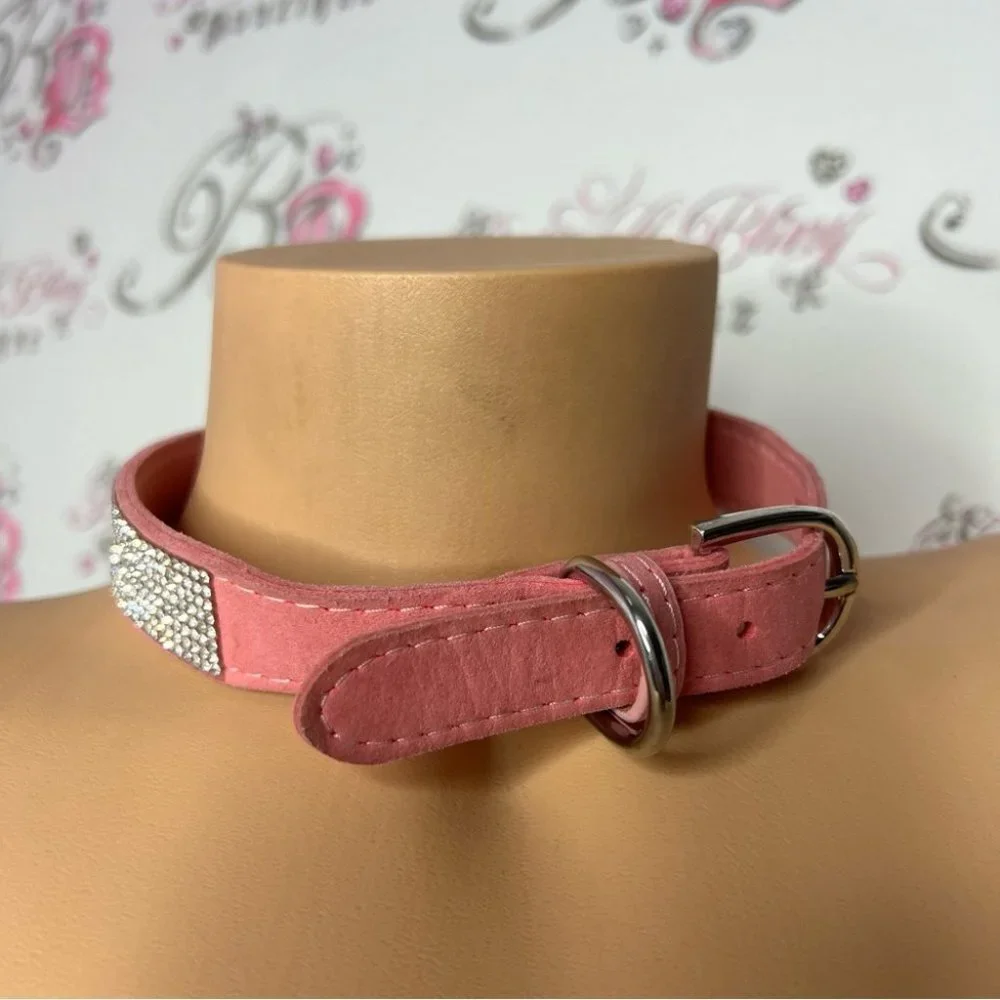 Bling collar rhinestone diamonds animal dog necklace collar choker suede pink
